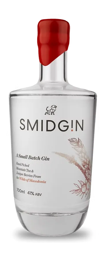 A bottle of Smidgin Classic gin, sealed with red wax and labelled A Small Batch Gin, hand picked mountain tea and juniper berries from the wilds of Macedonia, 700ml, 41% ABV