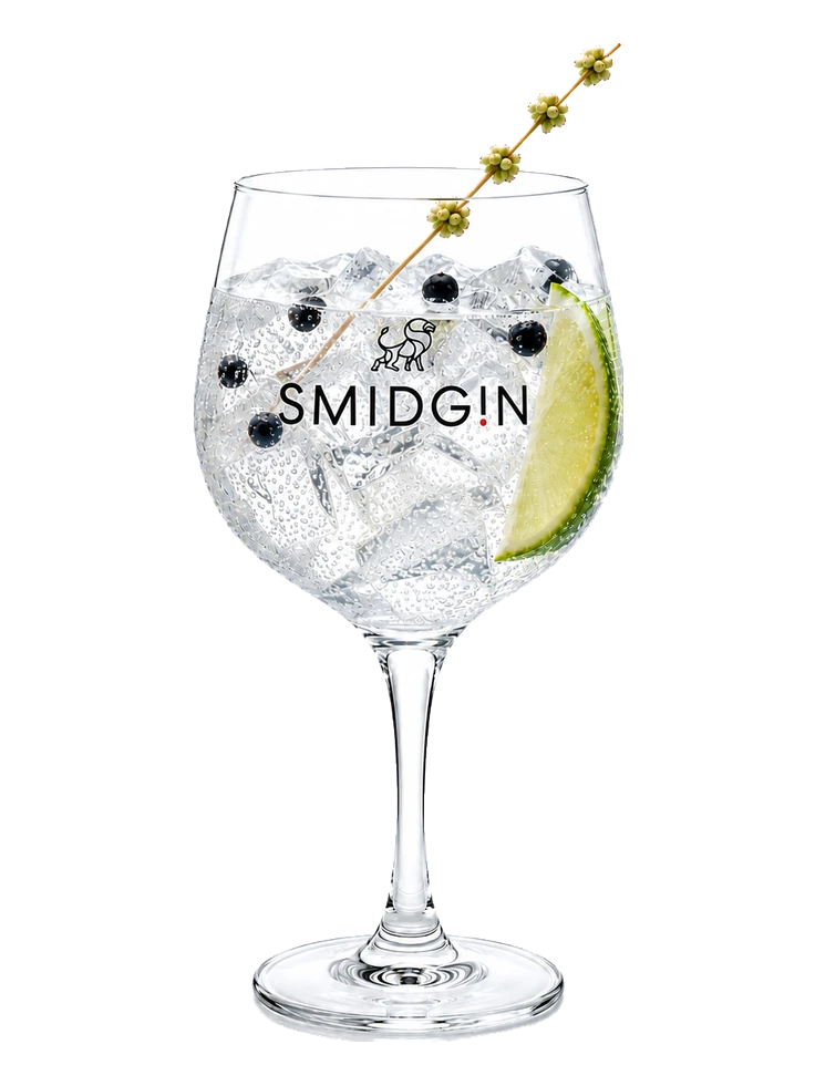 S and T, a gin and tonic in a branded Smidgin copa glass with ice, a lemon wheel and a sprig of rosemary
