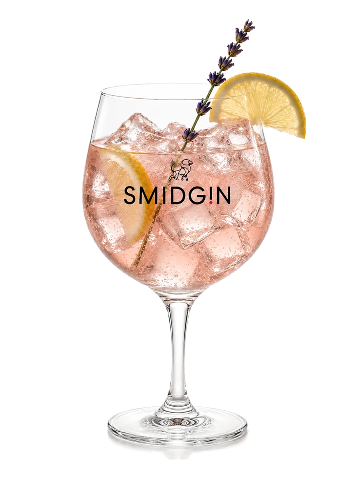 Velvet Perfect Serve, a pale pink drink in a branded Smidgin copa glass with a lemon wedge and a sprig of lavender