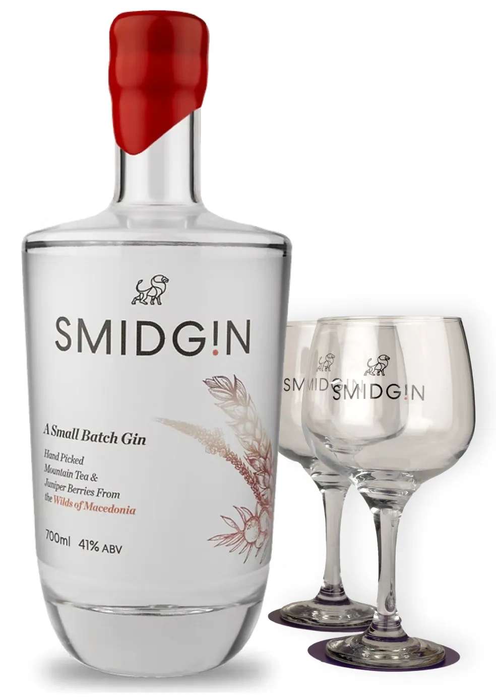 A bottle of Smidgin Classic beside two branded Smidgin glasses
